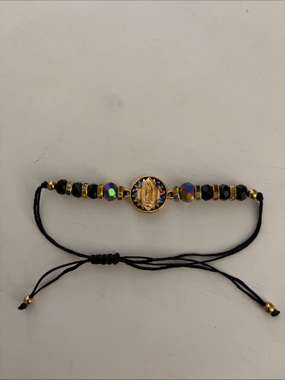 Gold-Tone Black Beaded Adjustable Bracelet with Multicolor Accent